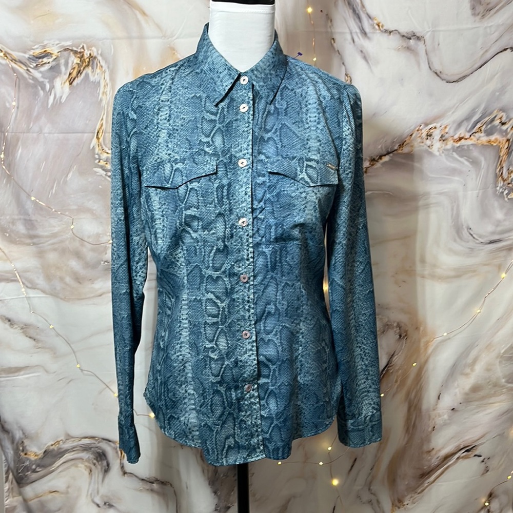 Michael Kors Long Sleeve Collared Button Up Snakeskin Blue Size S